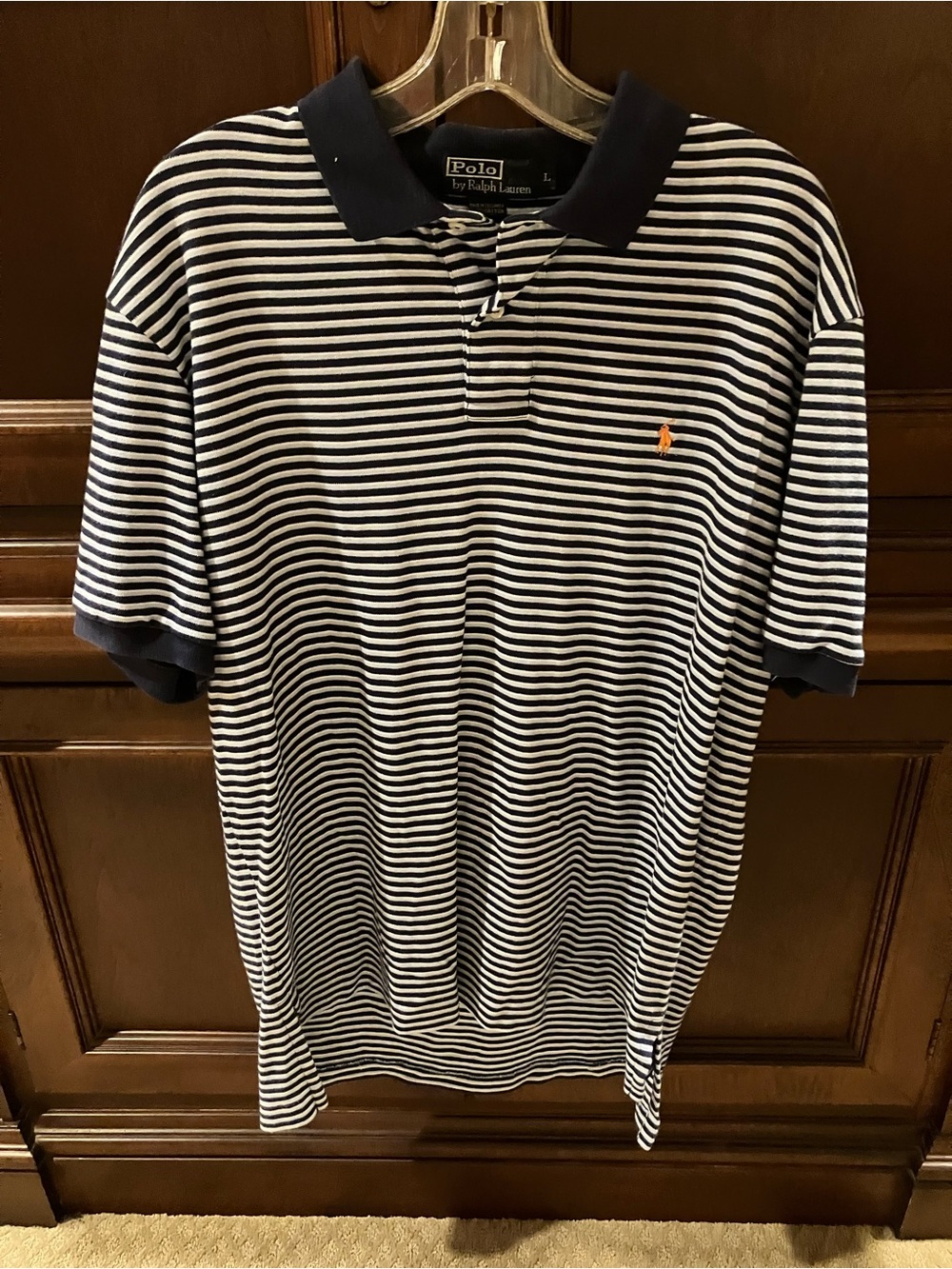 Polo by Ralph Lauren Navy & White Striped Polo with Orange Pony